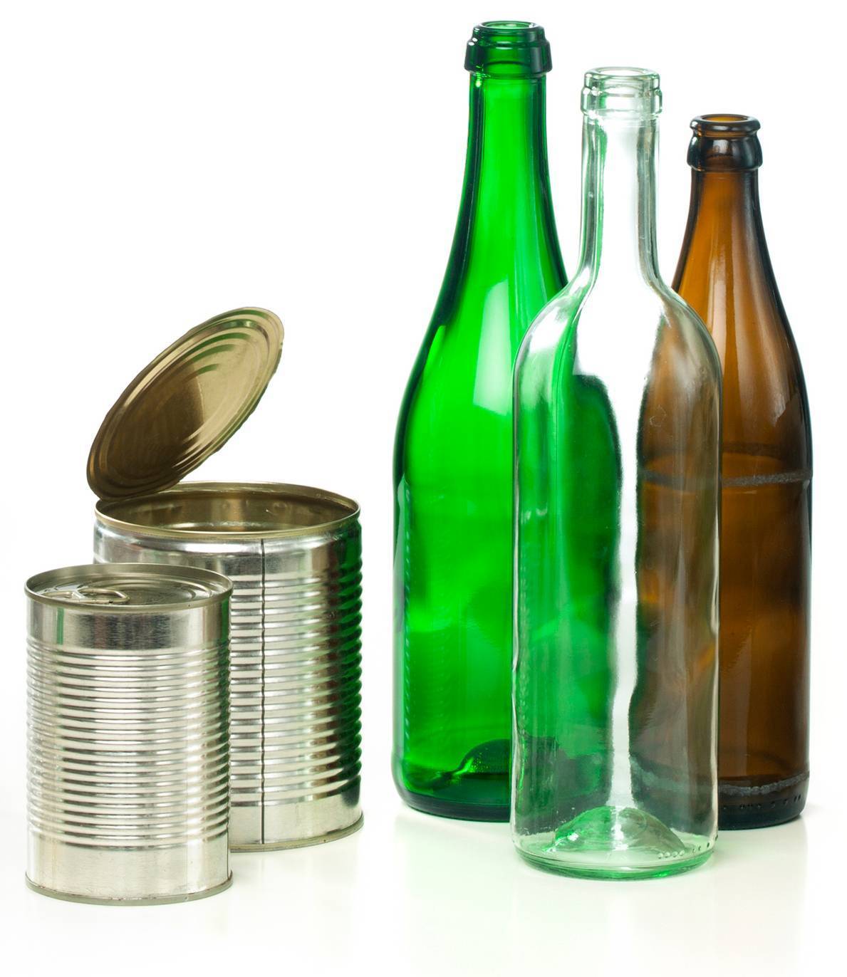 glass bottles and metal cans