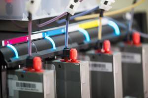 ink cartridges inside industrial printing machine